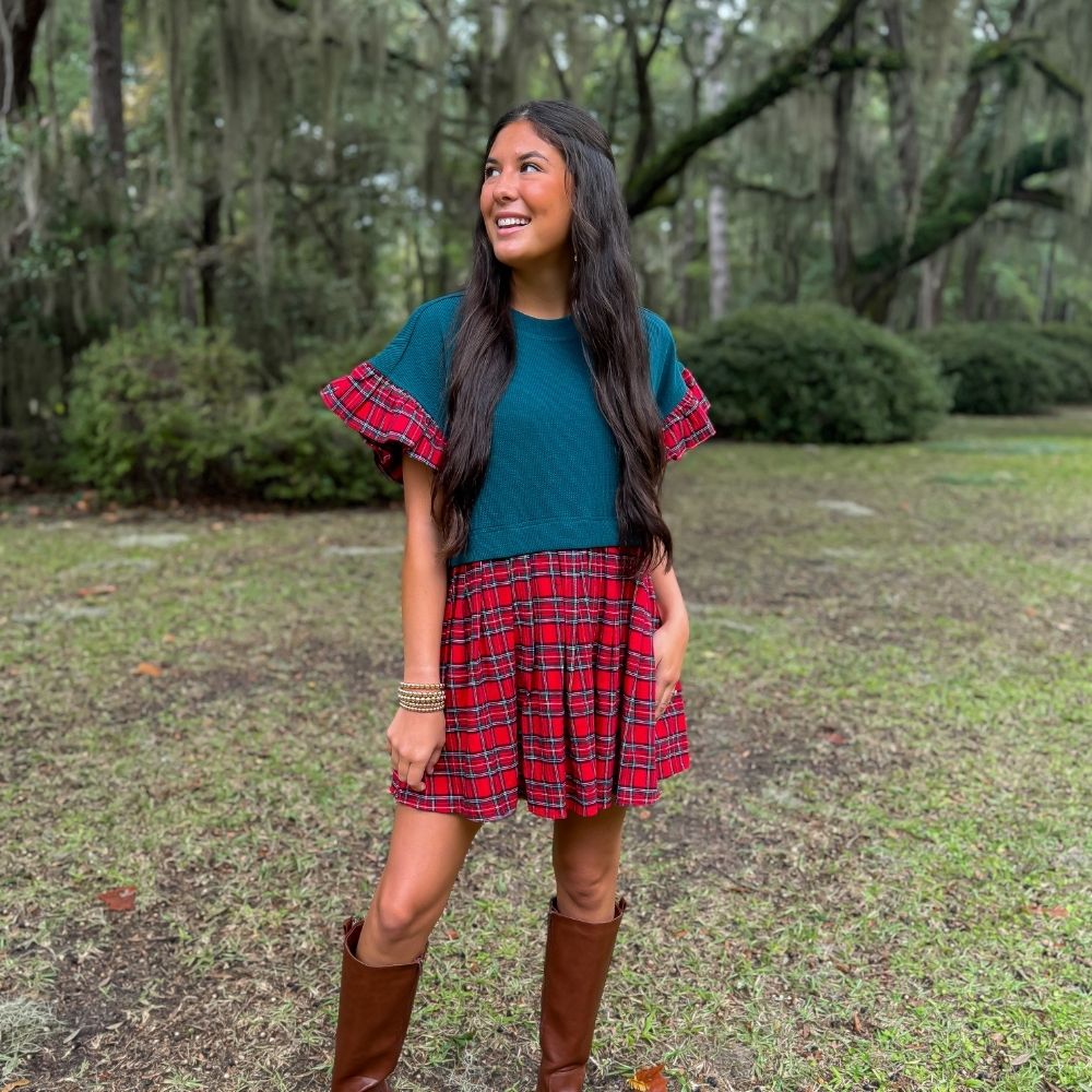 tartan plaid babydoll printed dress, perfect for Christmas eve service outfit or family photos