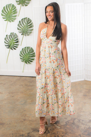 There She Goes Watercolor Floral Halter Maxi Dress-Fore Collection-L. Mae Boutique