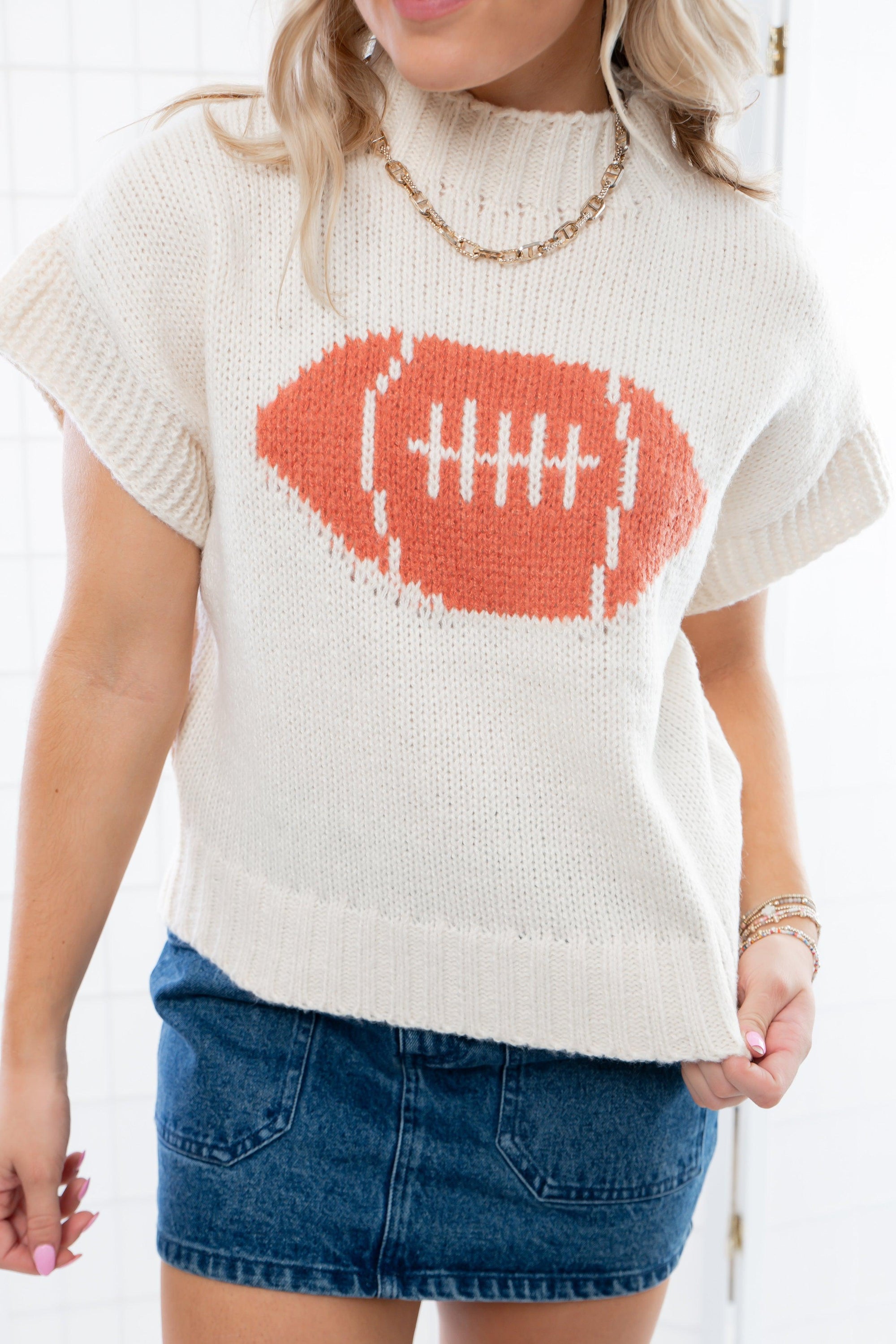 Thinking Big Football Pattern Short Sleeve Sweater-Tops-BiBi-L. Mae Boutique & Wild Mabel Clothing