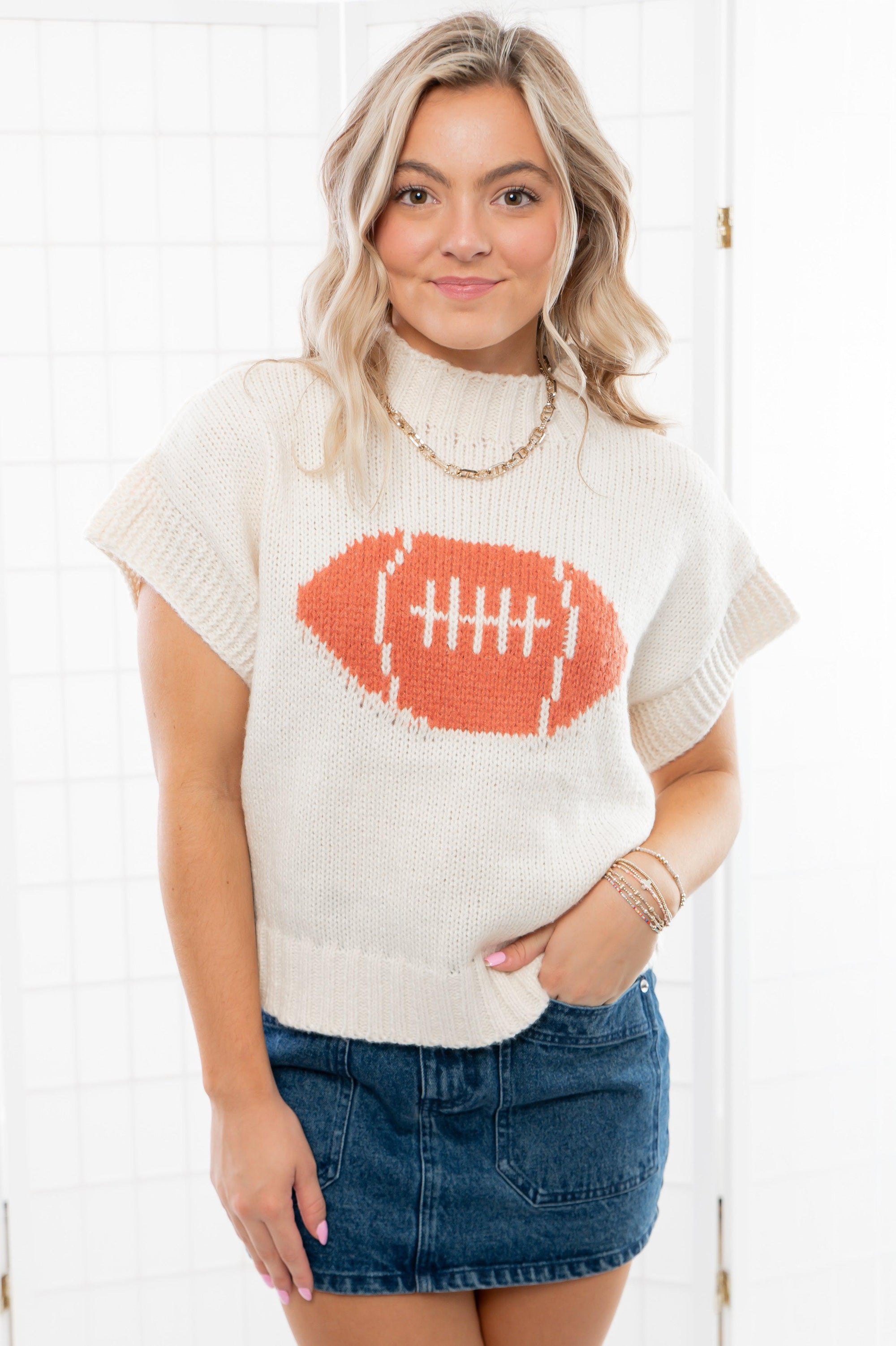 Thinking Big Football Pattern Short Sleeve Sweater-Tops-BiBi-L. Mae Boutique & Wild Mabel Clothing