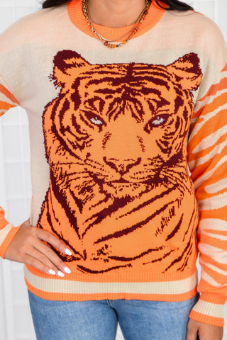 Tiger Eyes Orange Crewneck Sweater-Tops-The Tellier-L. Mae Boutique & Wild Mabel Clothing