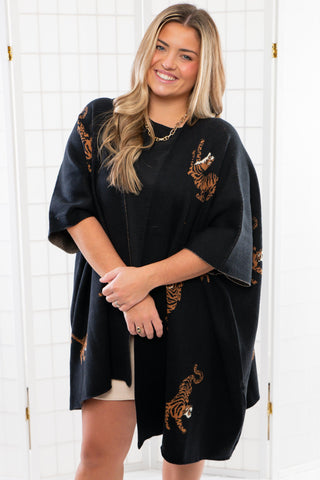 Tiger Pattern Black Oversized Poncho-Tops-She + Sky-L. Mae Boutique & Wild Mabel Clothing