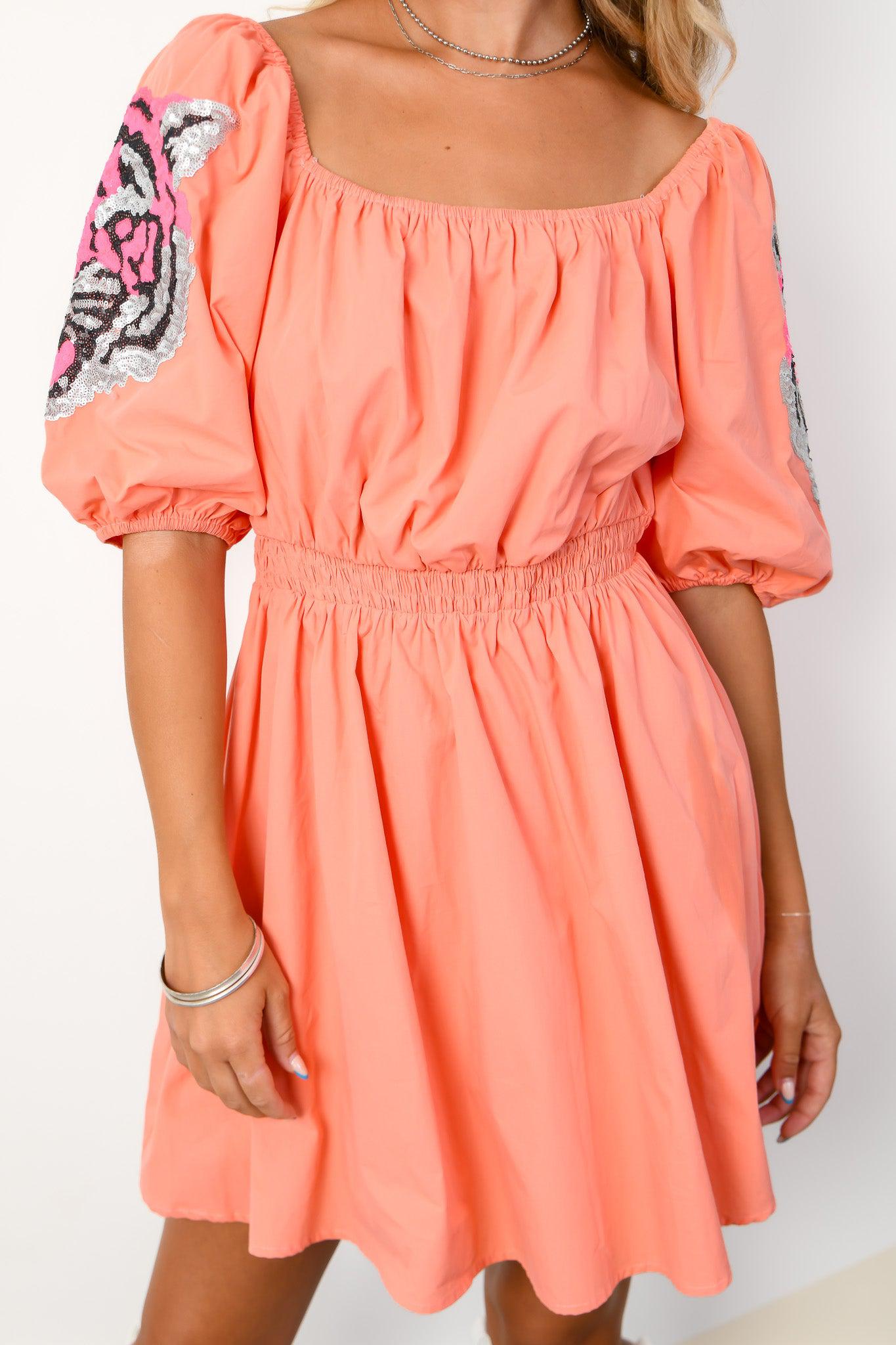 Tiger Sequin Orange Poplin Dress-Dresses-Fantastic Fawn-L. Mae Boutique &amp; Wild Mabel Clothing