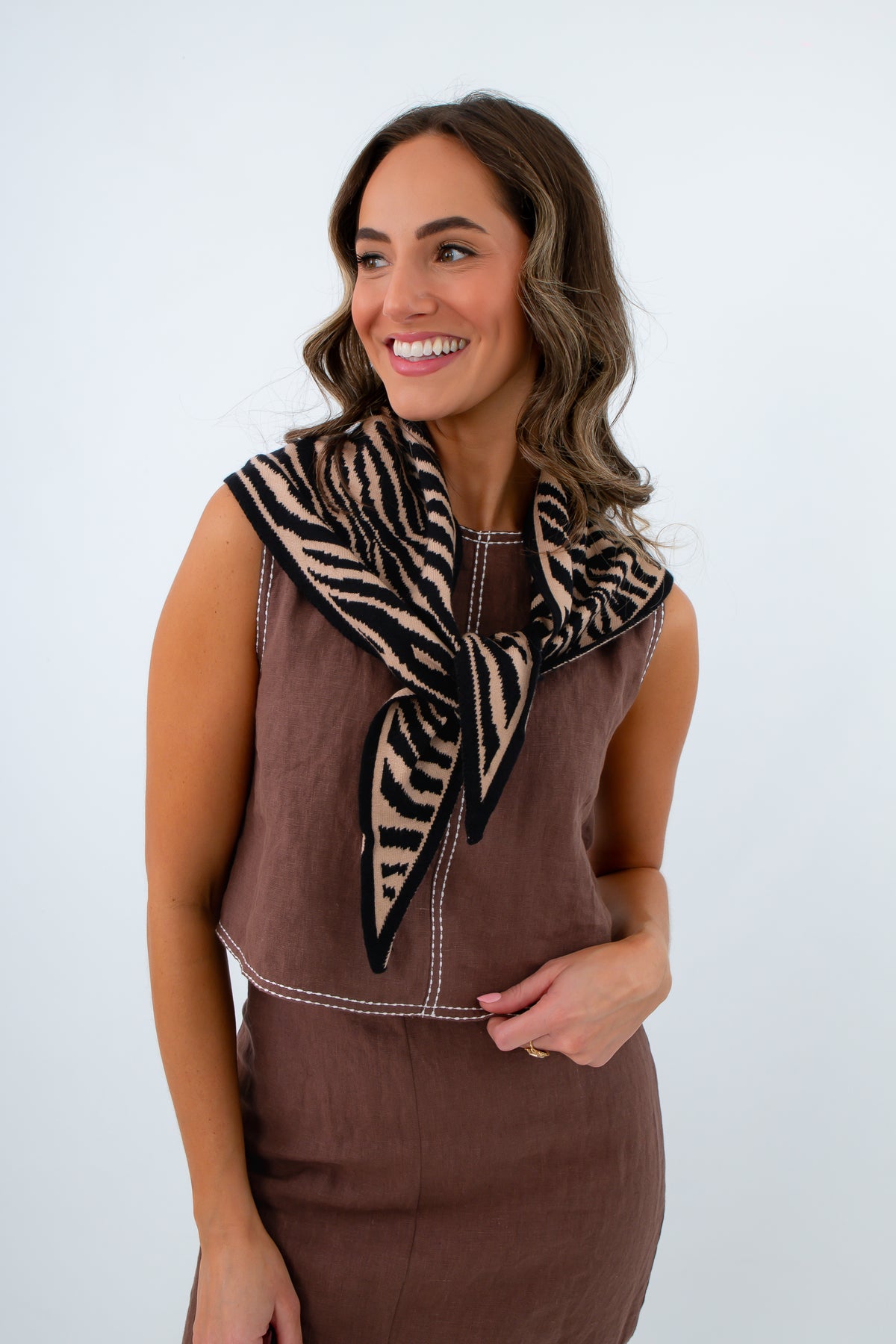 Beige and black knit scarf with zebra pattern, patterned knit scarf, trendy knit scarf, knit scarf for fall accessories