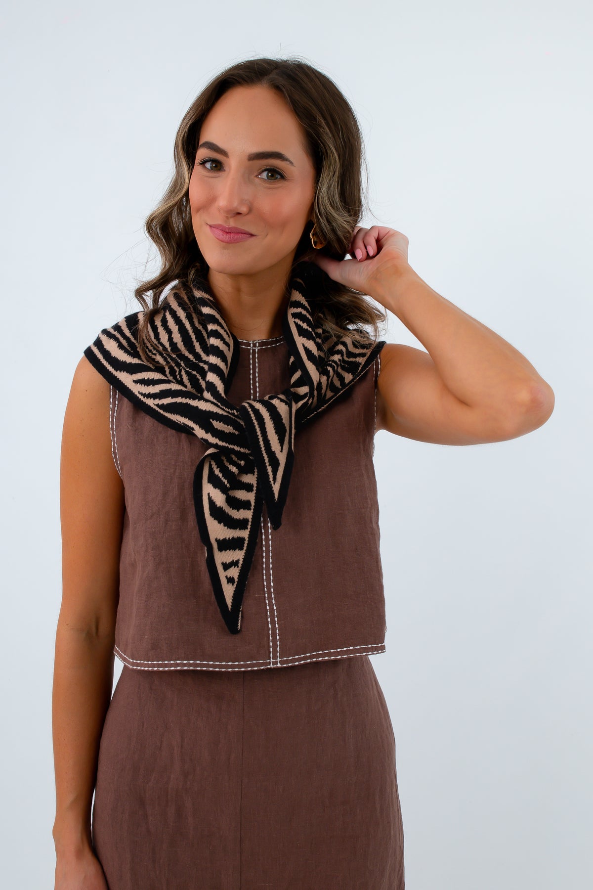 Tiger Stripe Knit Triangle Scarf for game day, clemson game day accessories, neutral game day accessory, neutral game day knit scarf