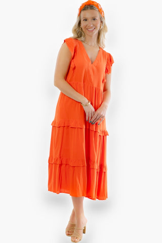 Tillman Ruffle Tiered Orange Midi Dress-Dresses-Entro-L. Mae Boutique & Wild Mabel Clothing