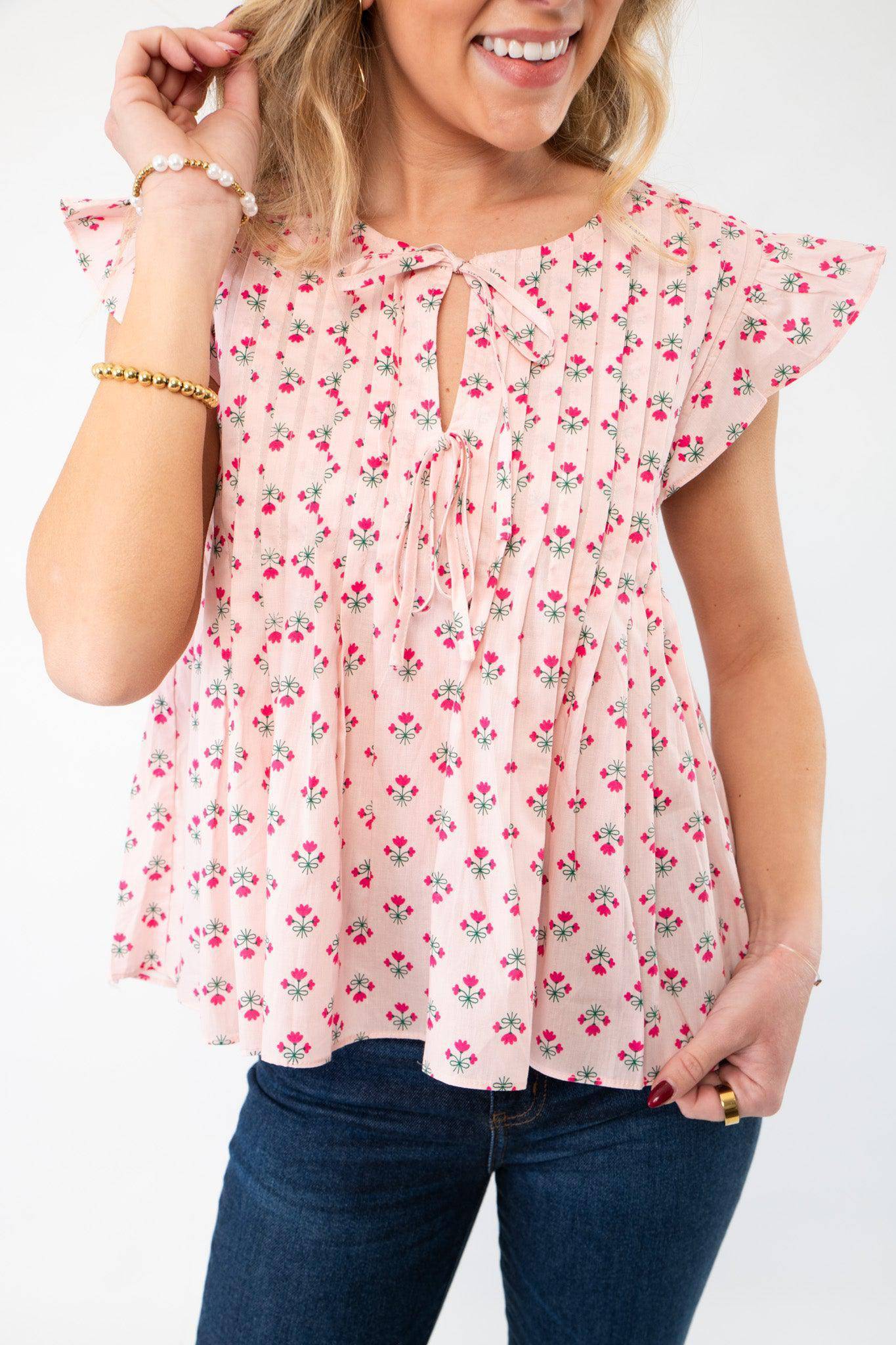 Tomorrow Pink Floral Pleated Blouse-Tops-WishList-L. Mae Boutique & Wild Mabel Clothing