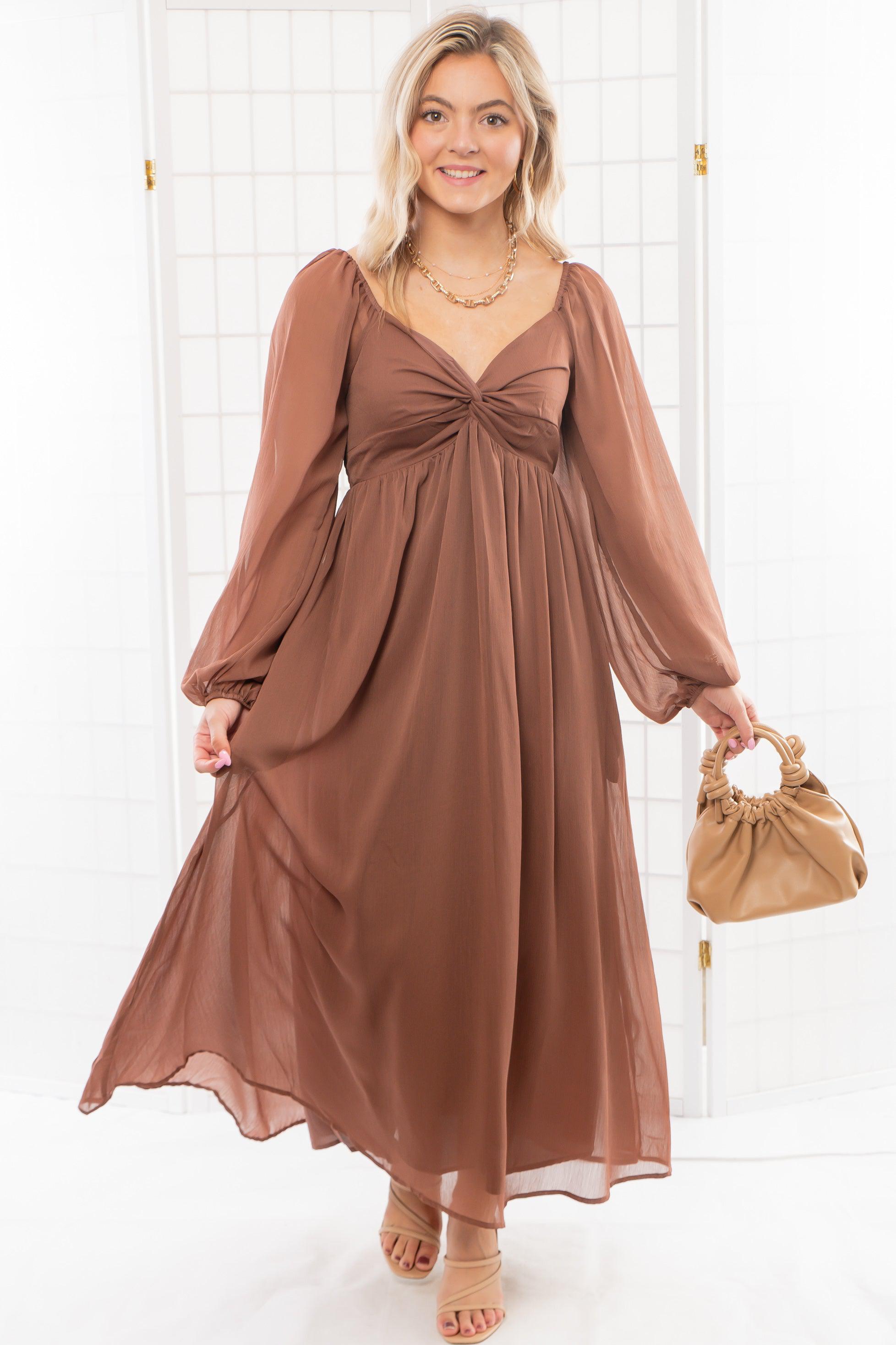 Twist Front Brown Chiffon Midi Dress-Dresses-In February-L. Mae Boutique & Wild Mabel Clothing