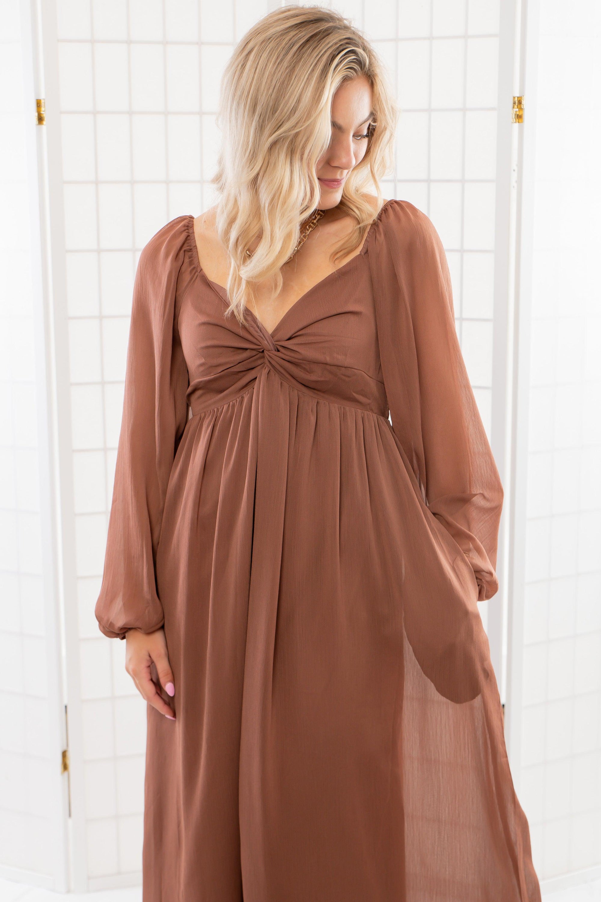 Twist Front Brown Chiffon Midi Dress-Dresses-In February-L. Mae Boutique &amp; Wild Mabel Clothing