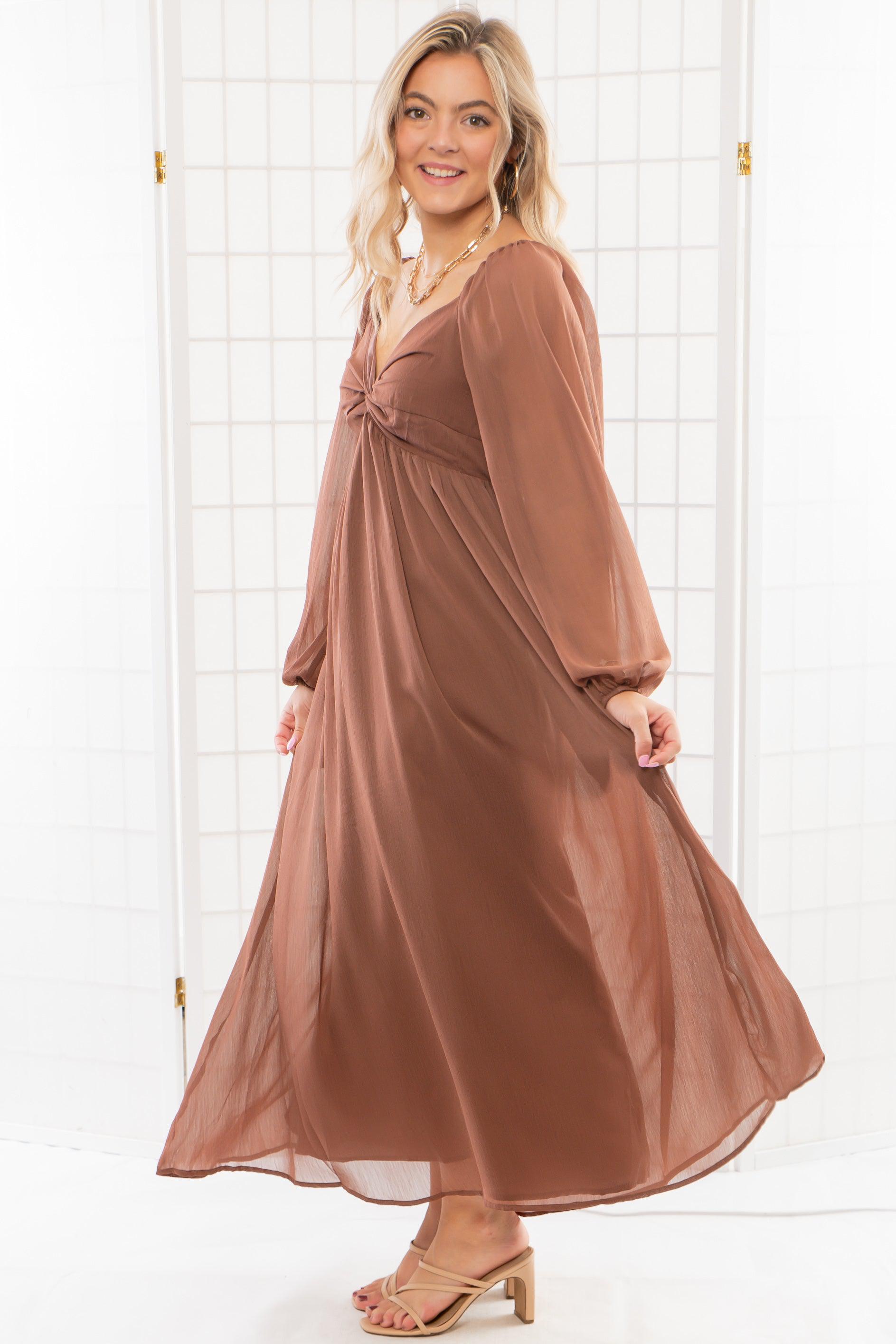 Twist Front Brown Chiffon Midi Dress-Dresses-In February-L. Mae Boutique &amp; Wild Mabel Clothing