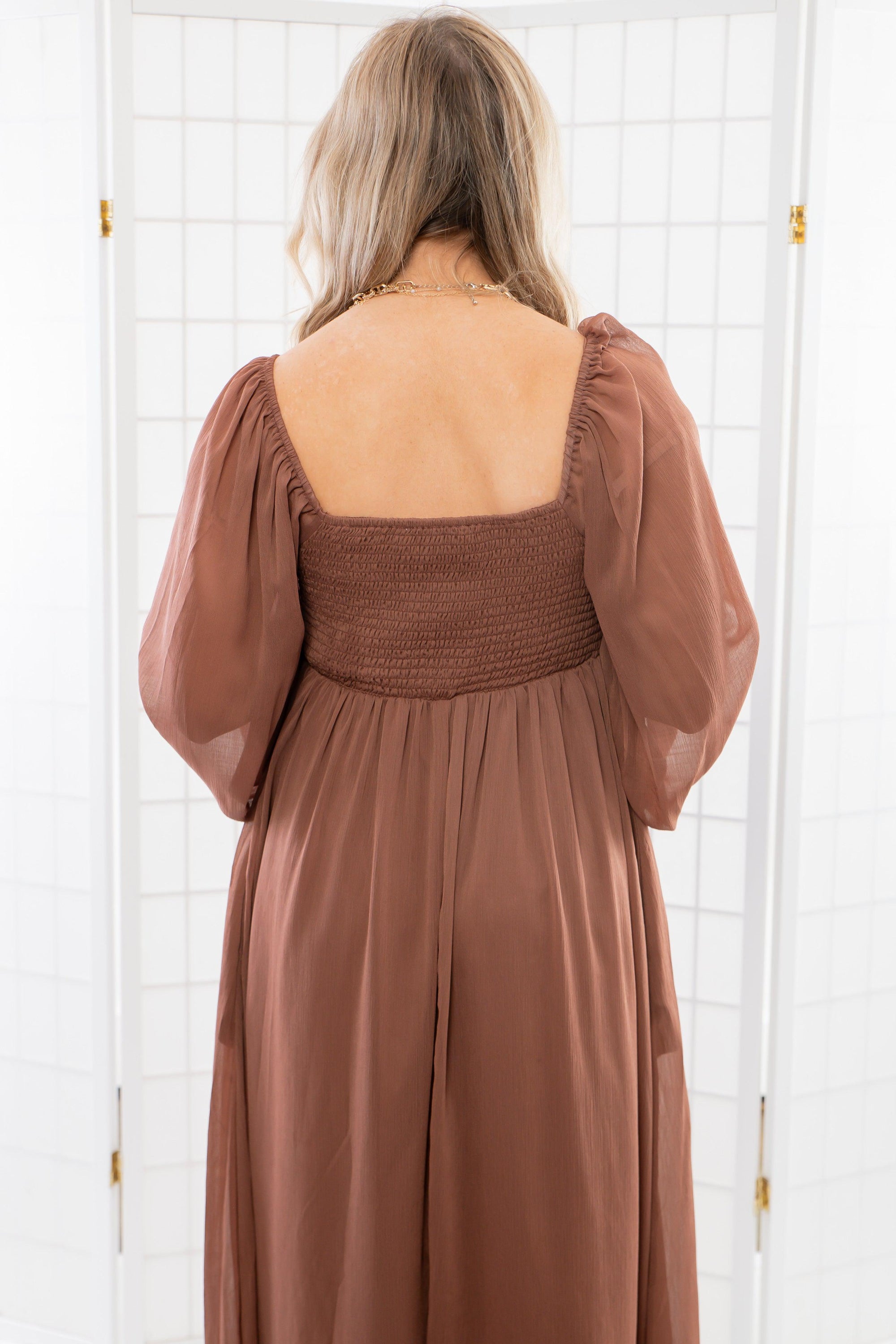 Twist Front Brown Chiffon Midi Dress-Dresses-In February-L. Mae Boutique &amp; Wild Mabel Clothing