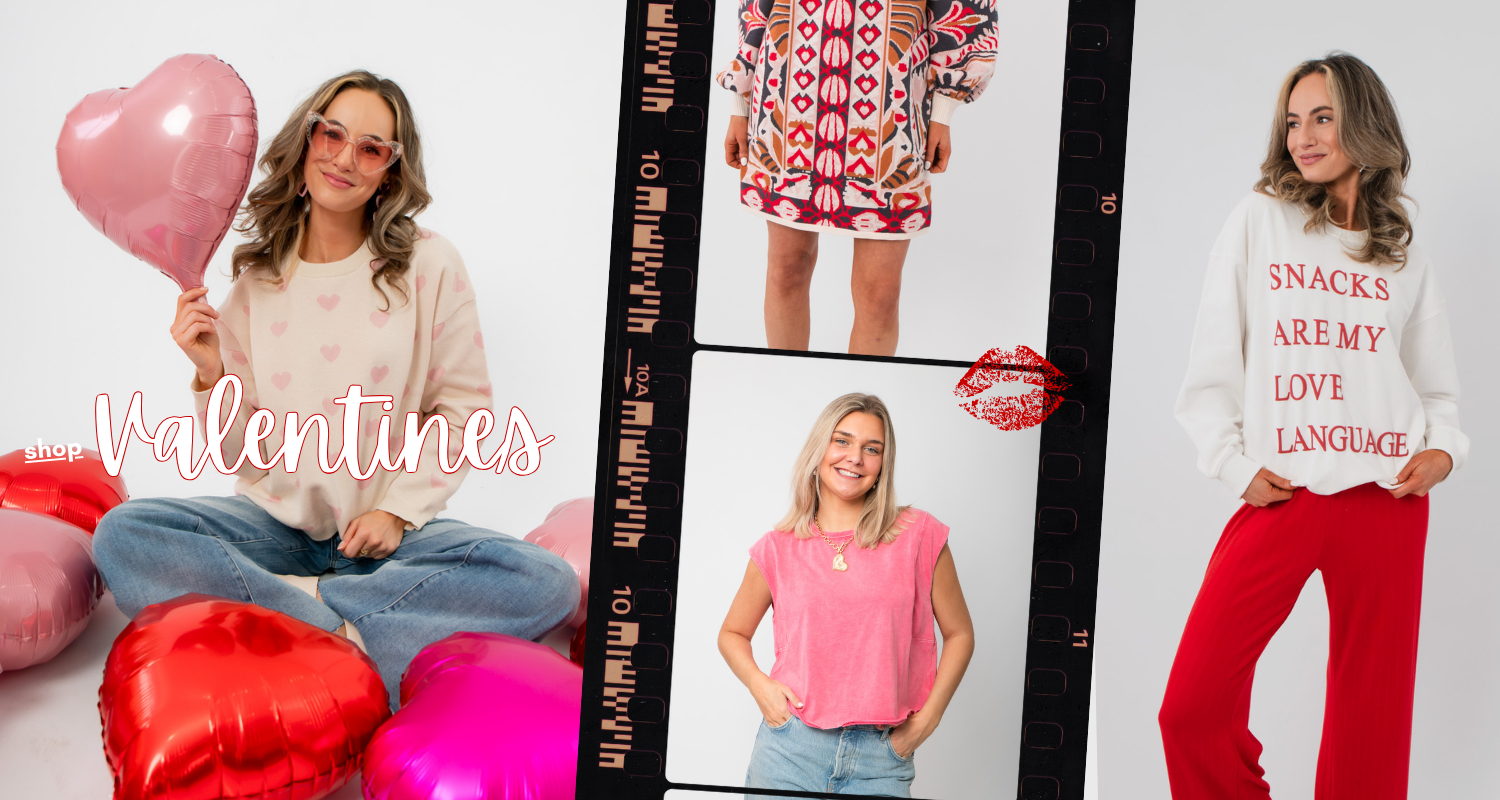 Woman with heart-shaped balloons and a collage of fashion items including a dress, sweater, and pants.