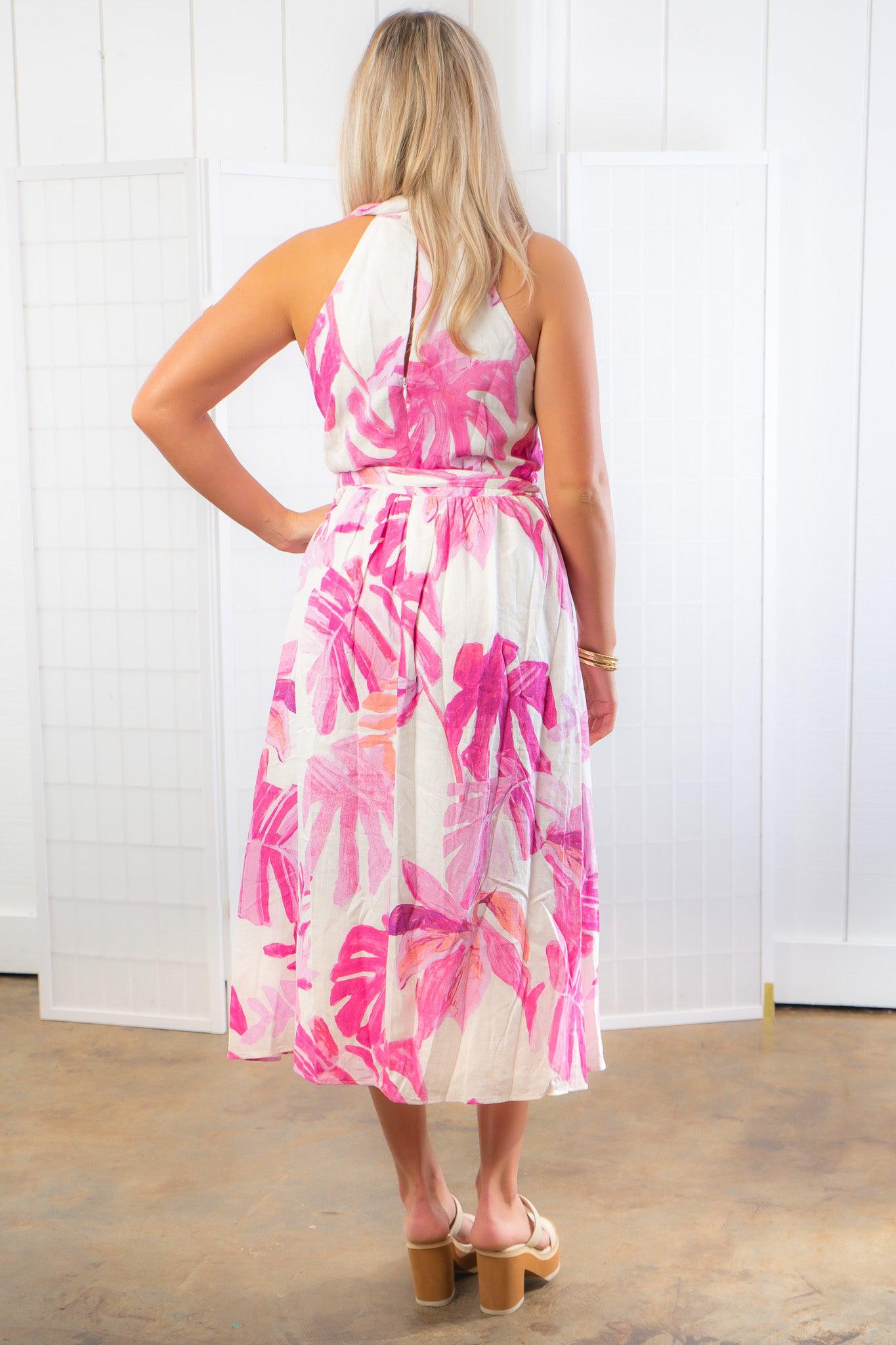 Vacay Ready Pink Palm Print Midi Dress-Dresses-Fate-L. Mae Boutique & Wild Mabel Clothing