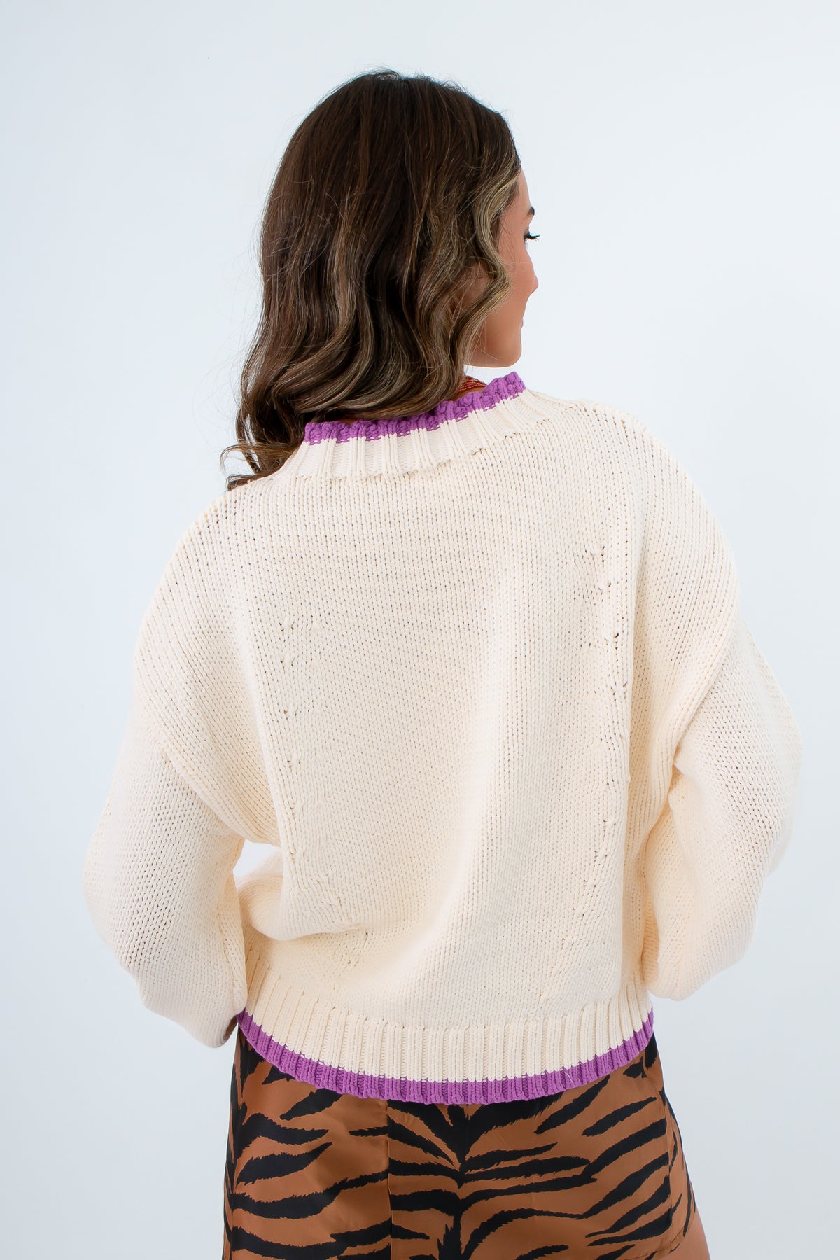Neutral sweater with purple trim for fall, Ribbed trim knit sweater for winter, Vertical stitch midweight sweater for game day