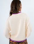 Neutral sweater with purple trim for fall, Ribbed trim knit sweater for winter, Vertical stitch midweight sweater for game day