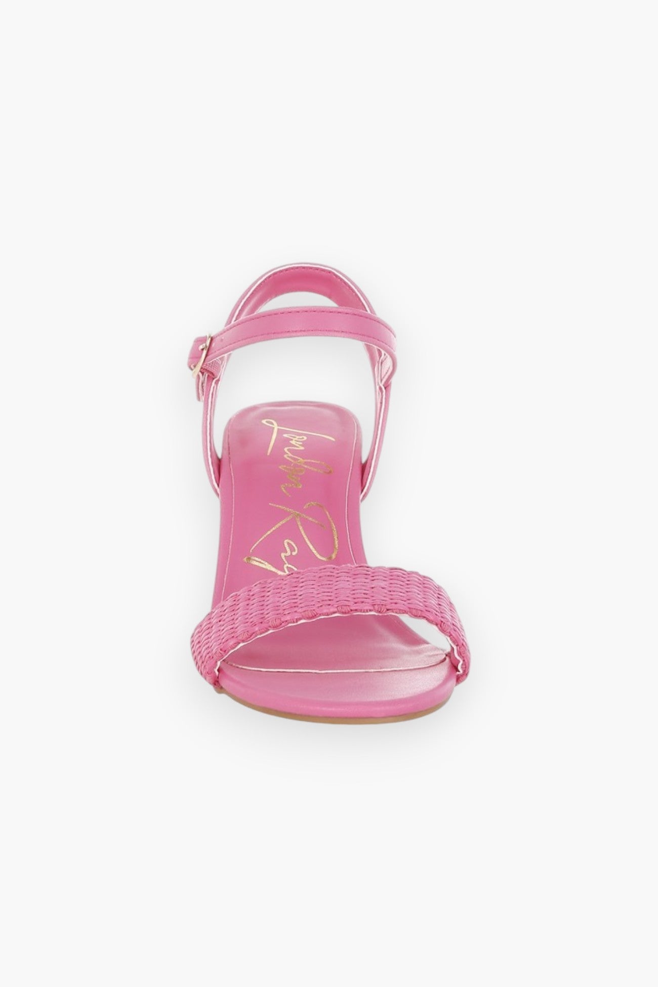 Front view of pink raffia block heel sandals showcasing an open-toe design with a woven raffia strap for a chic and breathable fit.