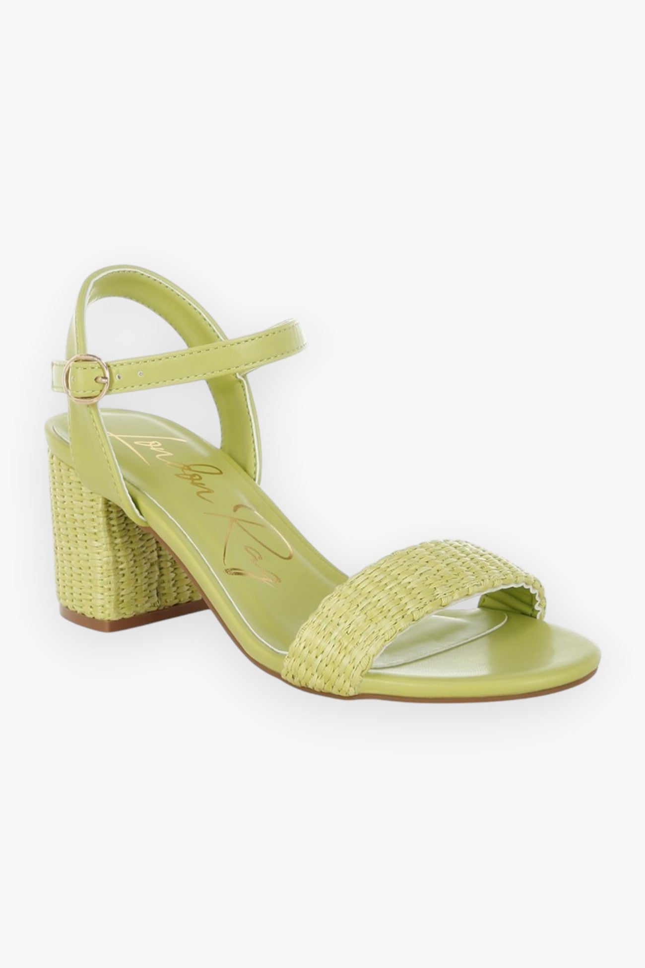 Green raffia block heel sandals with an adjustable ankle strap and cushioned insole, offering a trendy and comfortable summer style.