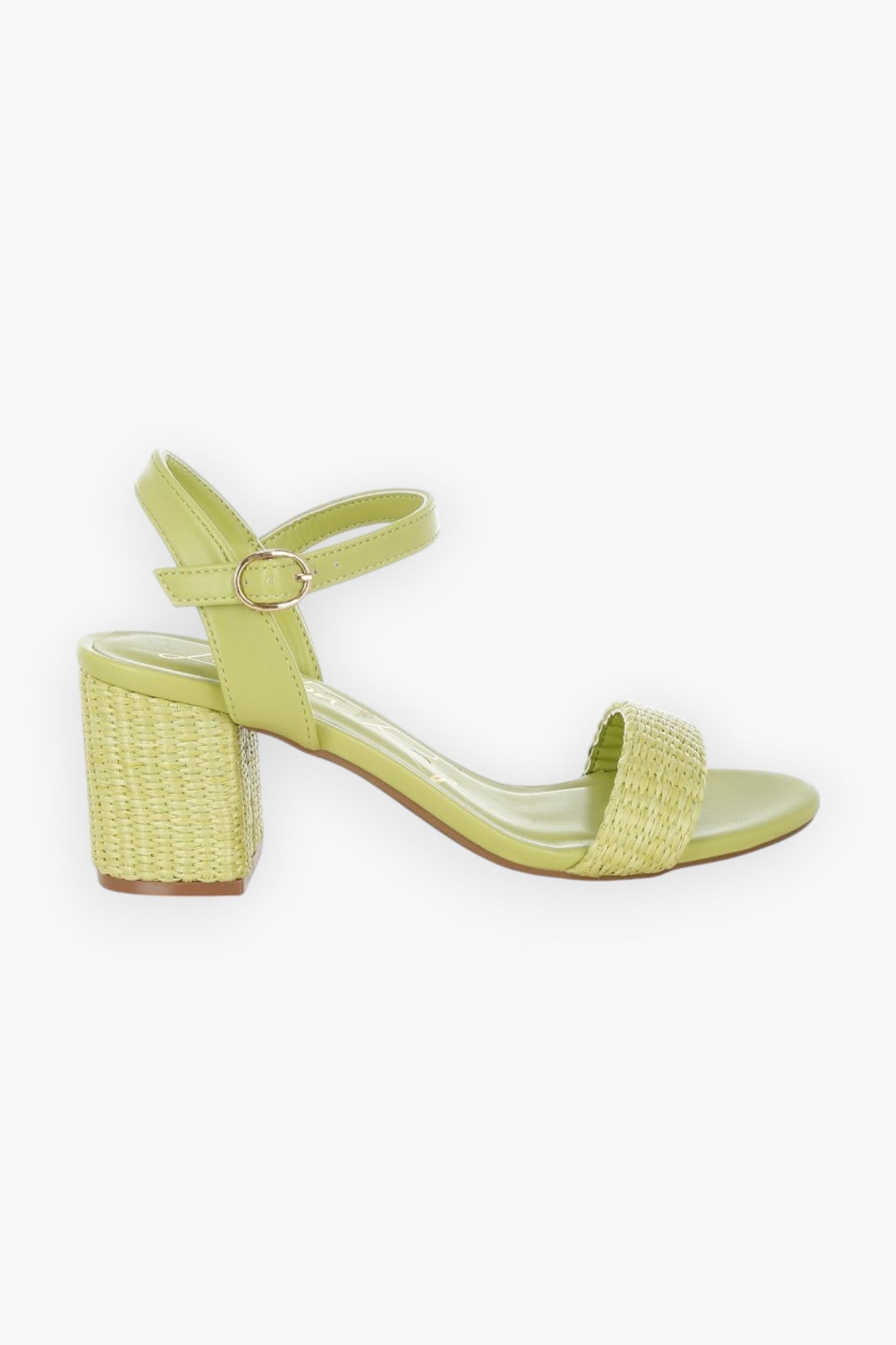 Side view of green raffia block heel sandals featuring a woven raffia heel and sleek ankle strap for a fresh and stylish summer look.