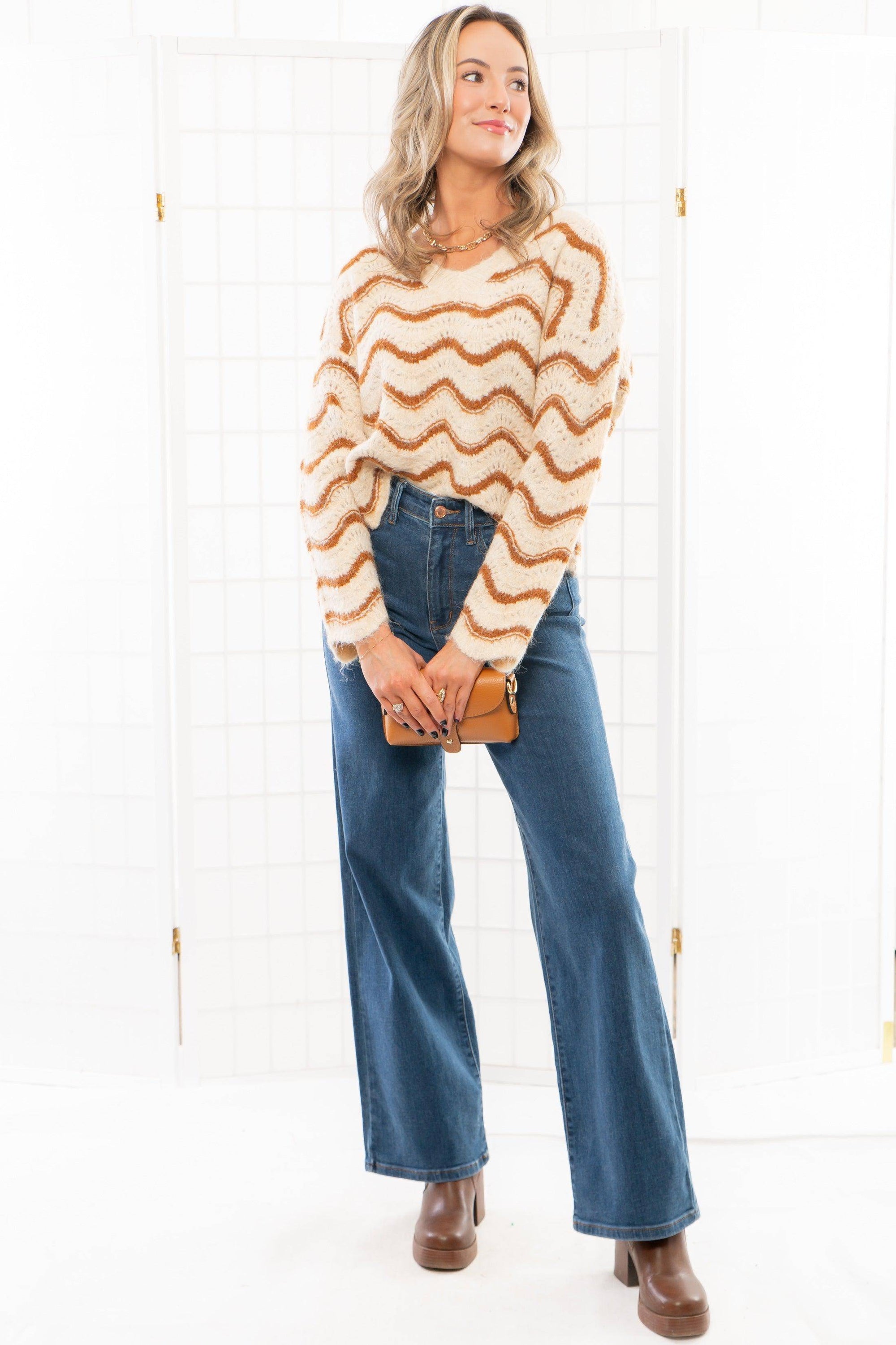 Vintage Waves Cinnamon Brown Knit Sweater-Tops-BiBi-L. Mae Boutique & Wild Mabel Clothing