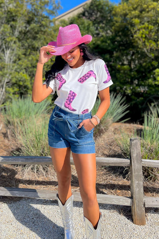 Walk The Line Pink Sequin Western Boot Short Sleeve T-Shirt-Full Time Purchase-L. Mae Boutique