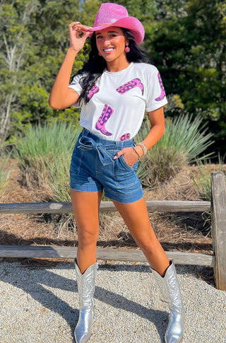 Walk The Line Pink Sequin Western Boot Short Sleeve T-Shirt-Full Time Purchase-L. Mae Boutique