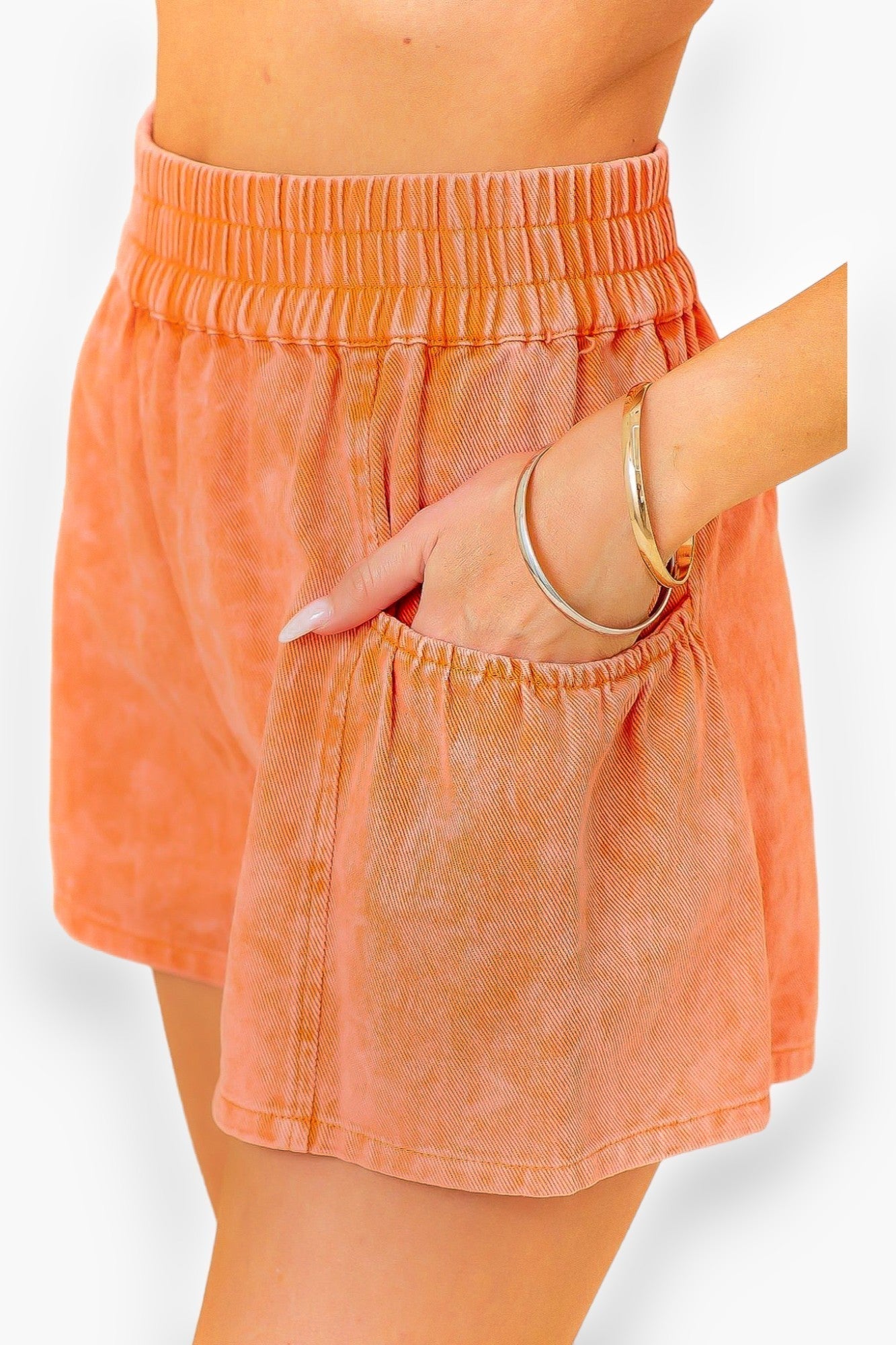 Washed Tangerine Elastic Waist Flounce Denim Shorts-Bottoms-day + moon-L. Mae Boutique & Wild Mabel Clothing