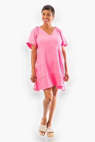 Watermelon Pink V Neck Gauze Mini Dress-Very J-L. Mae Boutique