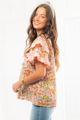 Way Back When Pink Floral Scallop Trim Ruffle Sleeve Top-Tops-Entro-L. Mae Boutique & Wild Mabel Clothing