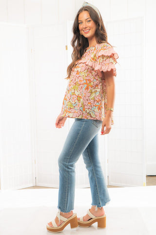 Way Back When Pink Floral Scallop Trim Ruffle Sleeve Top-Tops-Entro-L. Mae Boutique & Wild Mabel Clothing