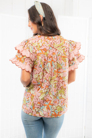 Way Back When Pink Floral Scallop Trim Ruffle Sleeve Top-Tops-Entro-L. Mae Boutique & Wild Mabel Clothing