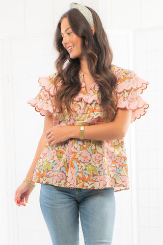 Way Back When Pink Floral Scallop Trim Ruffle Sleeve Top-Tops-Entro-L. Mae Boutique & Wild Mabel Clothing