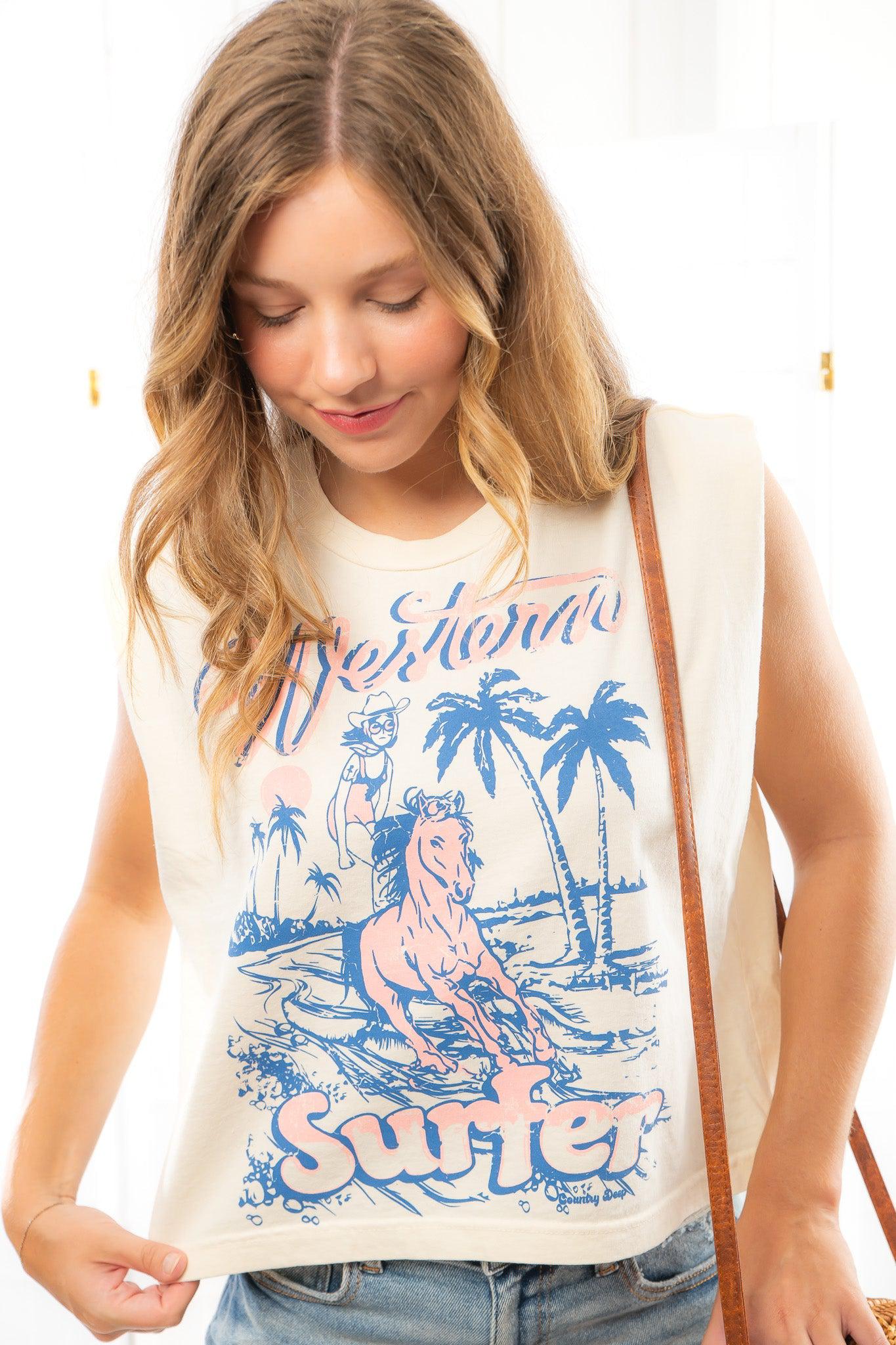 Western Surfer Girl Graphic Boxy Muscle Tee-Tops-Country Deep-L. Mae Boutique & Wild Mabel Clothing