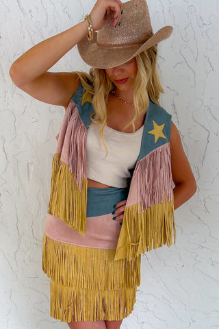 Western Whiskey Pink Combo High Rise Suede Fringe Skirt-Vocal-L. Mae Boutique