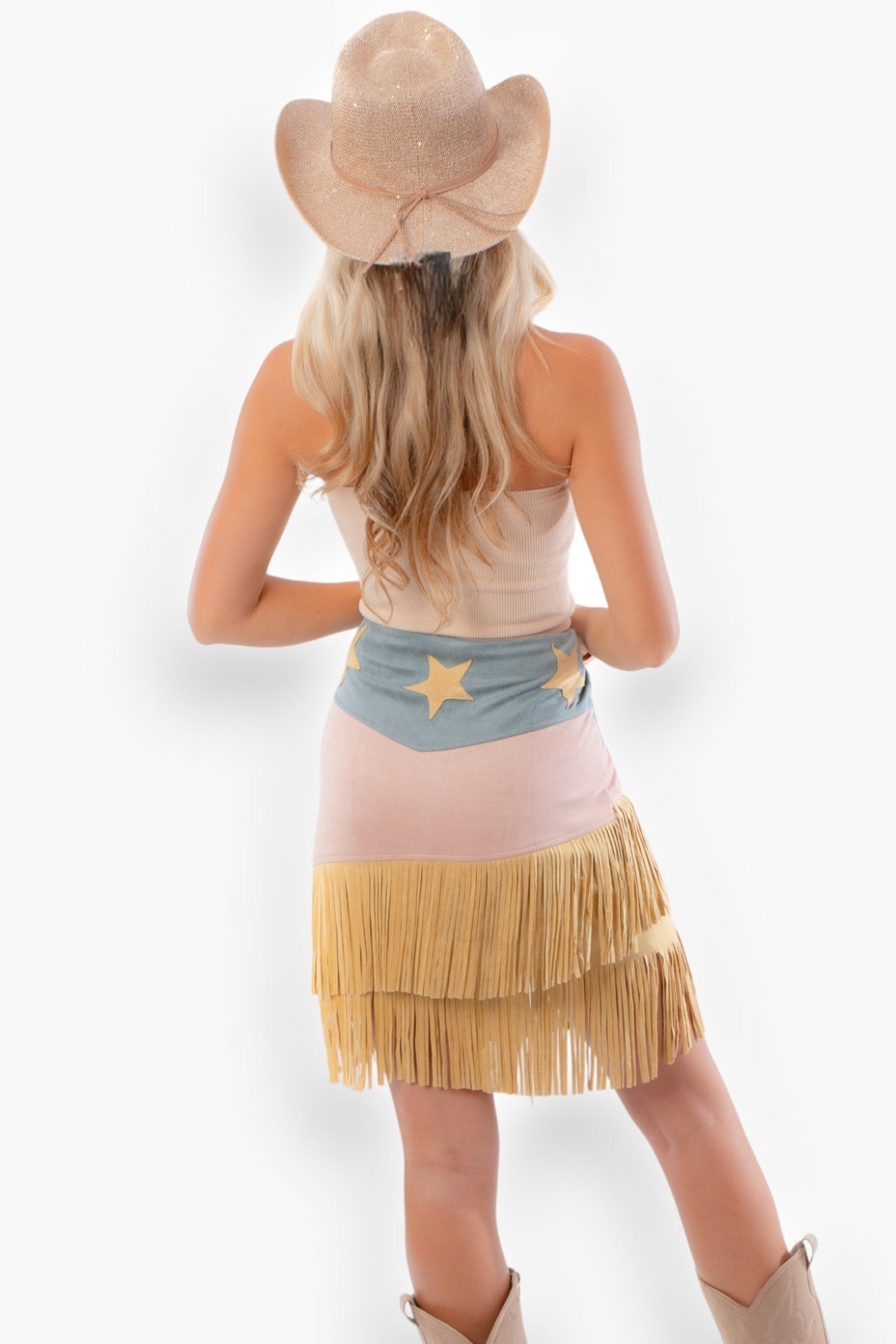 Western Whiskey Pink Combo High Rise Suede Fringe Skirt-Bottoms-Vocal-L. Mae Boutique & Wild Mabel Clothing