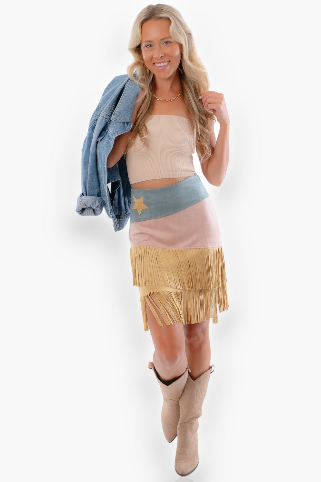 Western Whiskey Pink Combo High Rise Suede Fringe Skirt-Bottoms-Vocal-L. Mae Boutique &amp; Wild Mabel Clothing