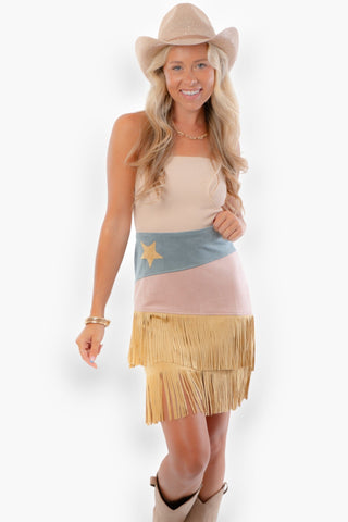 Western Whiskey Pink Combo High Rise Suede Fringe Skirt-Vocal-L. Mae Boutique