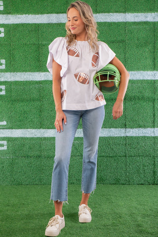 White Football Sequin Poplin Blouse-ODDI-L. Mae Boutique