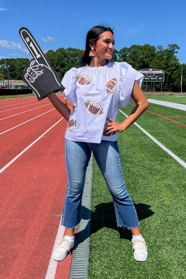 White Football Sequin Poplin Blouse-Tops-ODDI-L. Mae Boutique & Wild Mabel Clothing