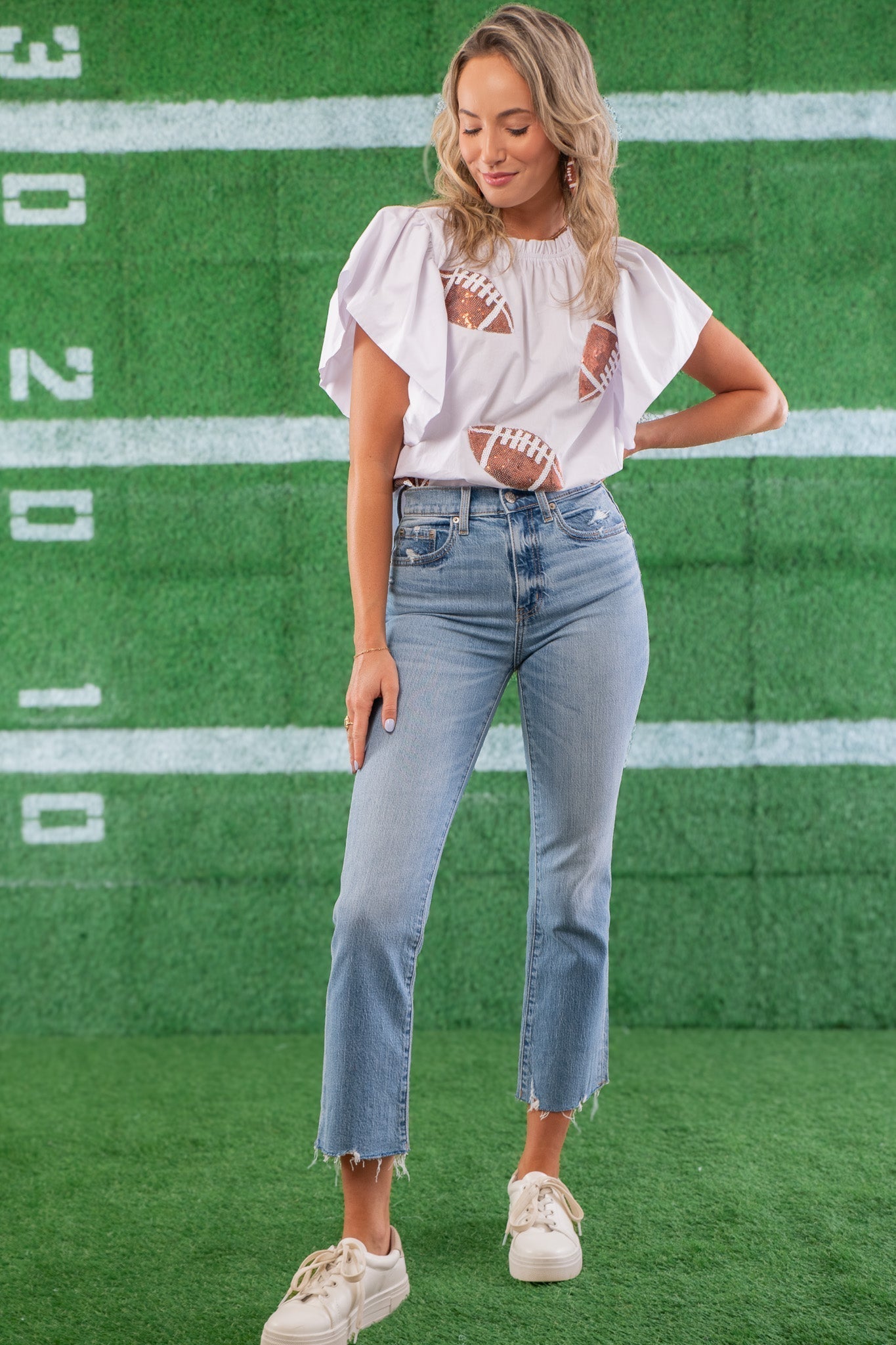 White Football Sequin Poplin Blouse-Tops-ODDI-L. Mae Boutique & Wild Mabel Clothing