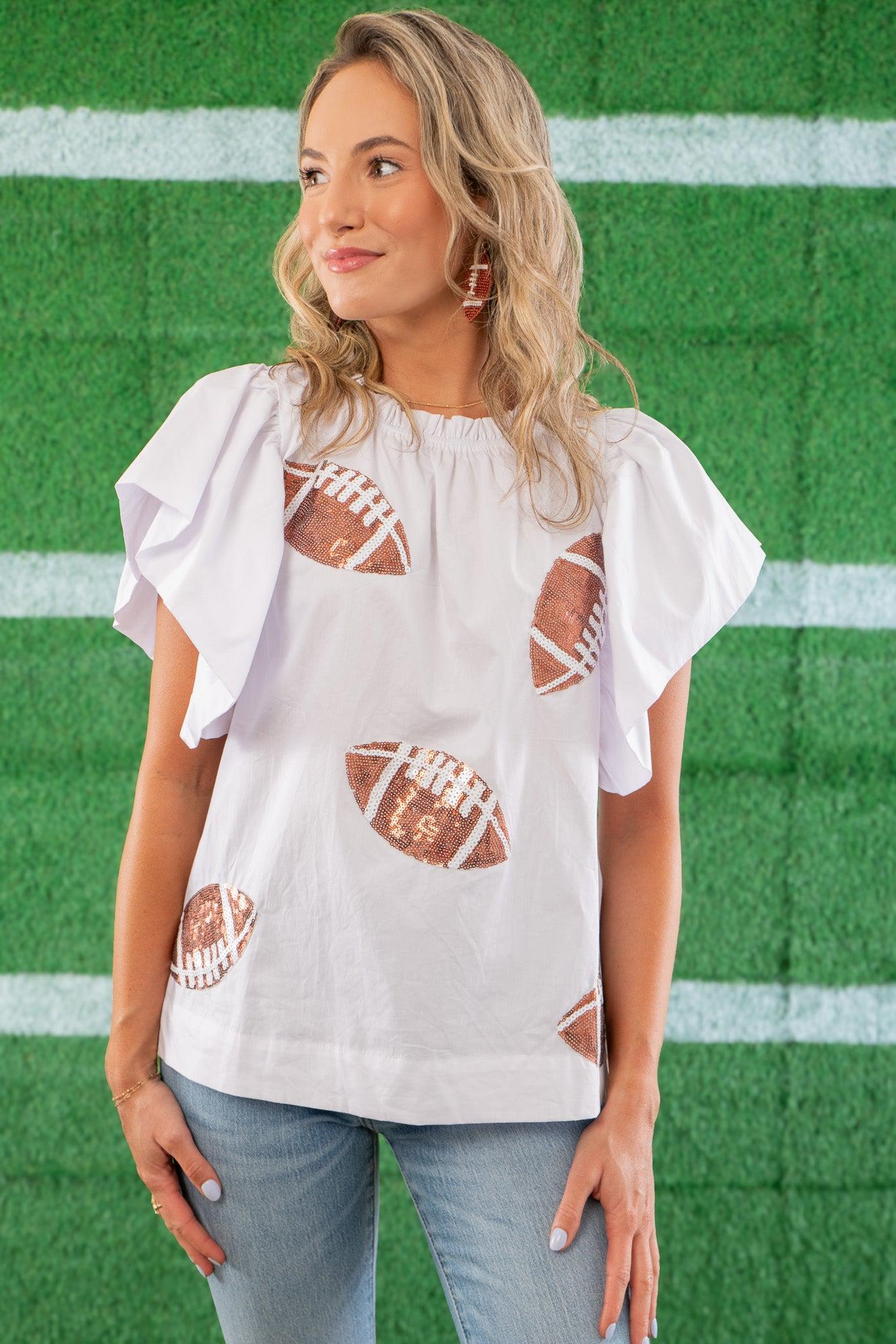 White Football Sequin Poplin Blouse-Tops-ODDI-L. Mae Boutique &amp; Wild Mabel Clothing