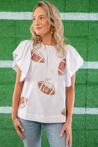 White Football Sequin Poplin Blouse-Tops-ODDI-L. Mae Boutique & Wild Mabel Clothing