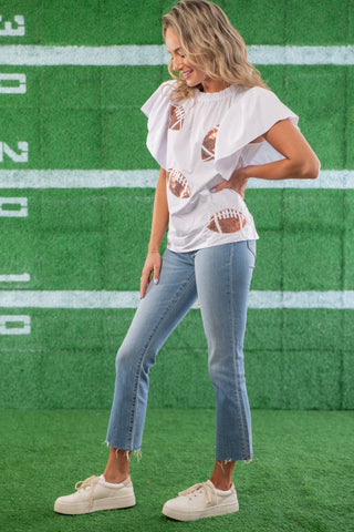 White Football Sequin Poplin Blouse-Tops-ODDI-L. Mae Boutique & Wild Mabel Clothing