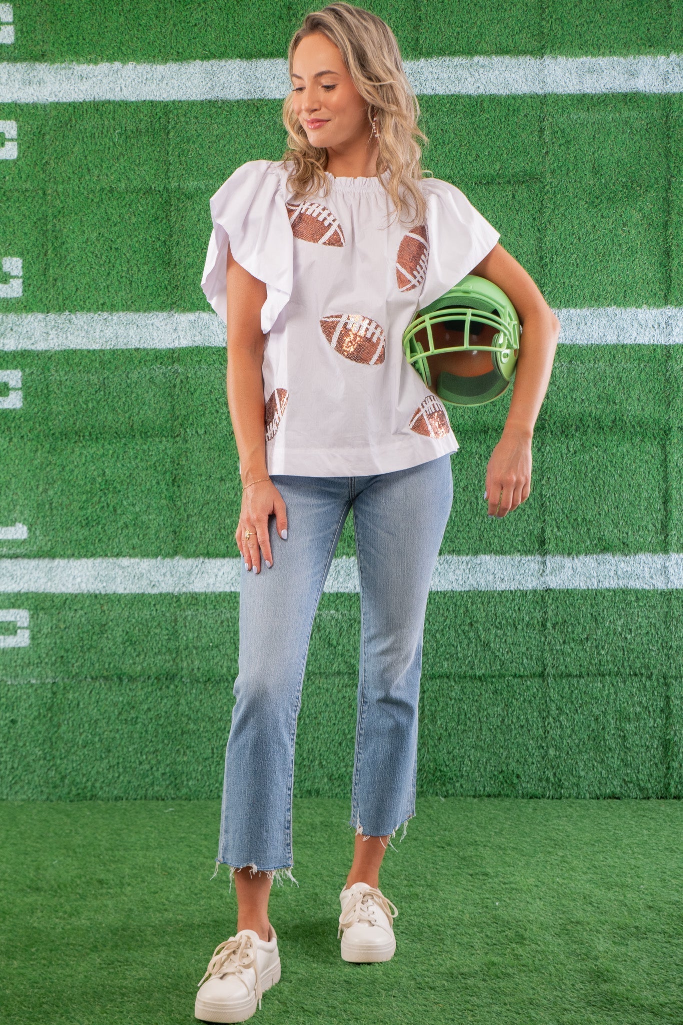 White Football Sequin Poplin Blouse-Tops-ODDI-L. Mae Boutique &amp; Wild Mabel Clothing