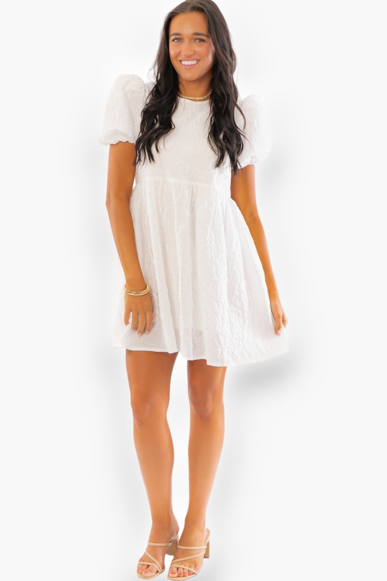 White Puff Sleeve Textured Dress-Dresses-Blue Blush-L. Mae Boutique &amp; Wild Mabel Clothing