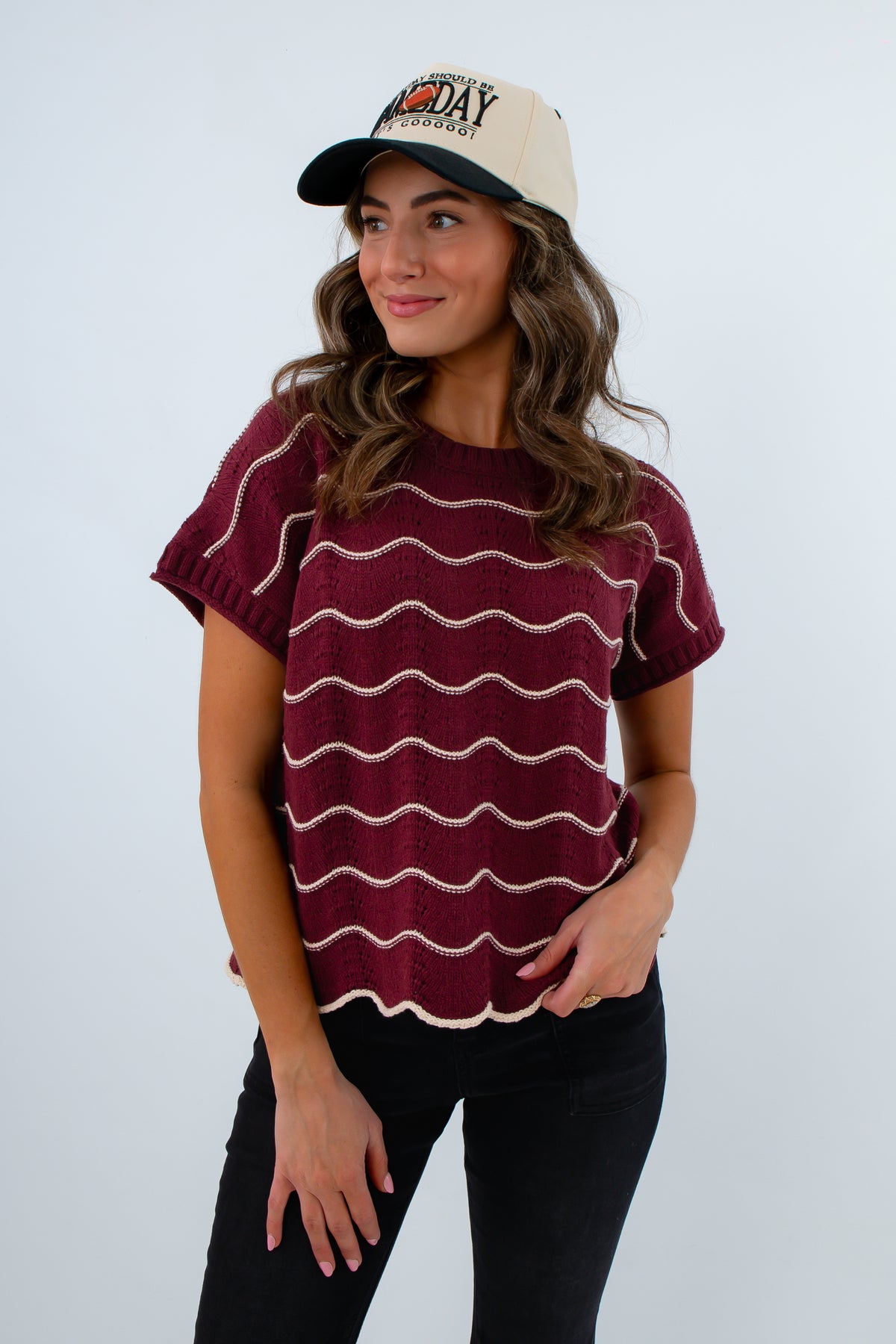 Wine Scallop Stripe Sleeveless Sweater