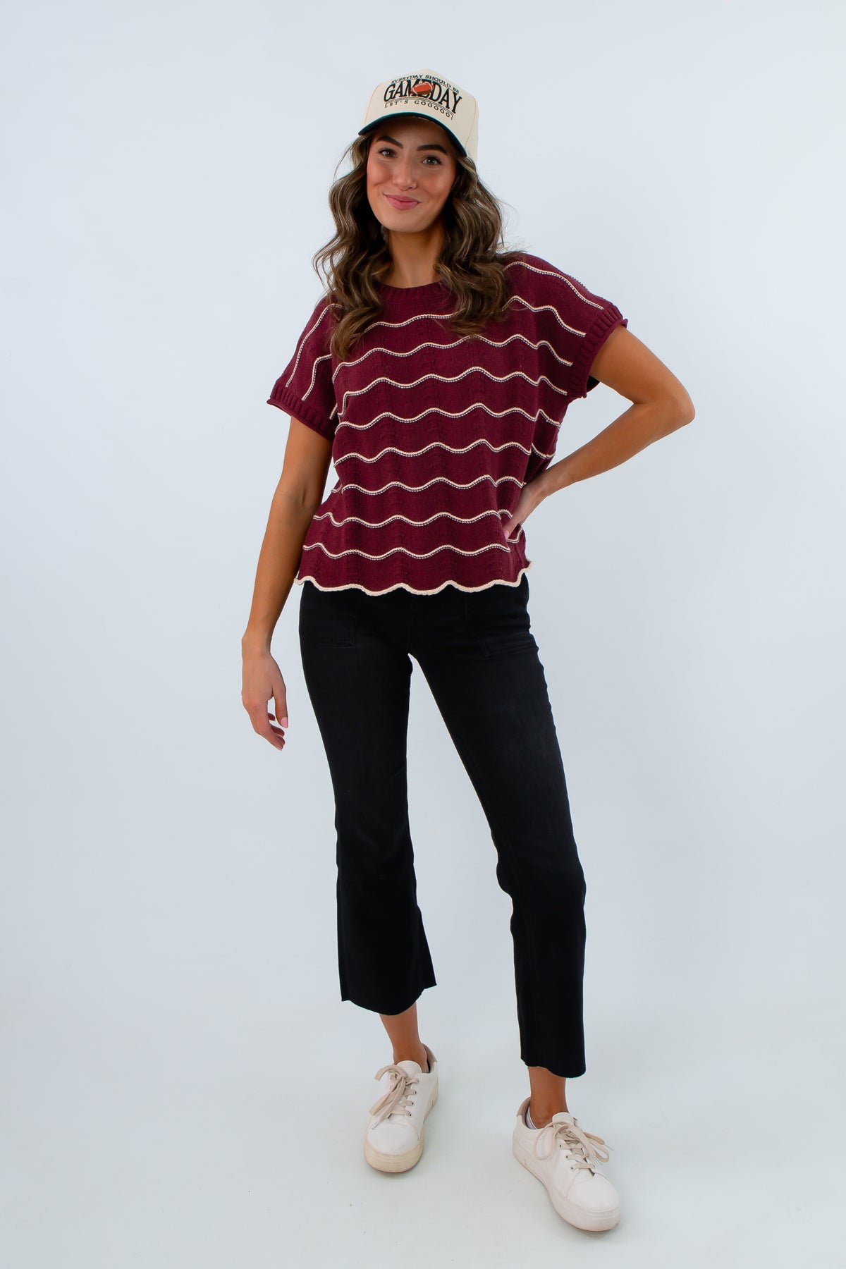 Wine-colored knit sleeveless sweater with white scalloped stripes, Carolina game day sweater for fall