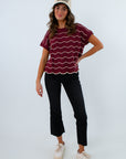 Wine-colored knit sleeveless sweater with white scalloped stripes, Carolina game day sweater for fall