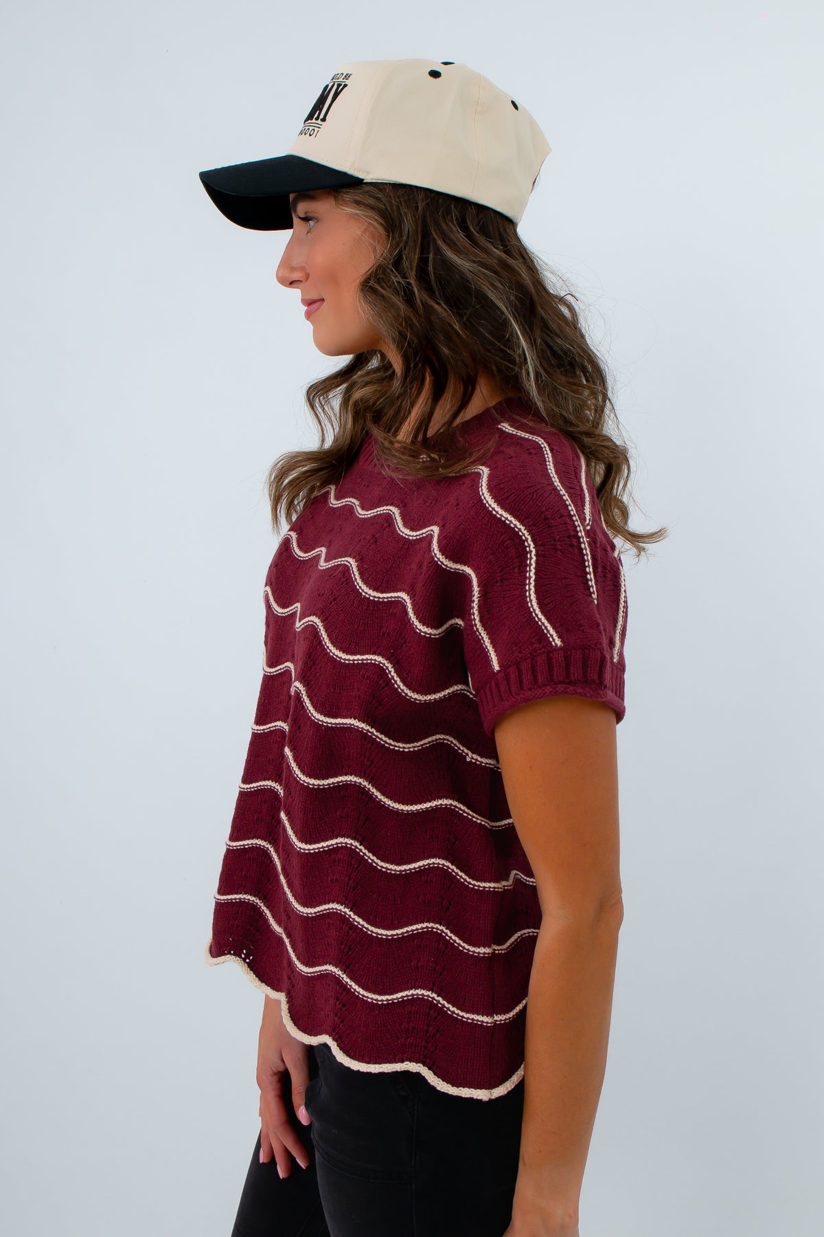 South Carolina garnet knit top for game day, burgundy short sleeve sweater with white scalloped stripes, burgundy and white striped sweater