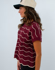 South Carolina garnet knit top for game day, burgundy short sleeve sweater with white scalloped stripes, burgundy and white striped sweater