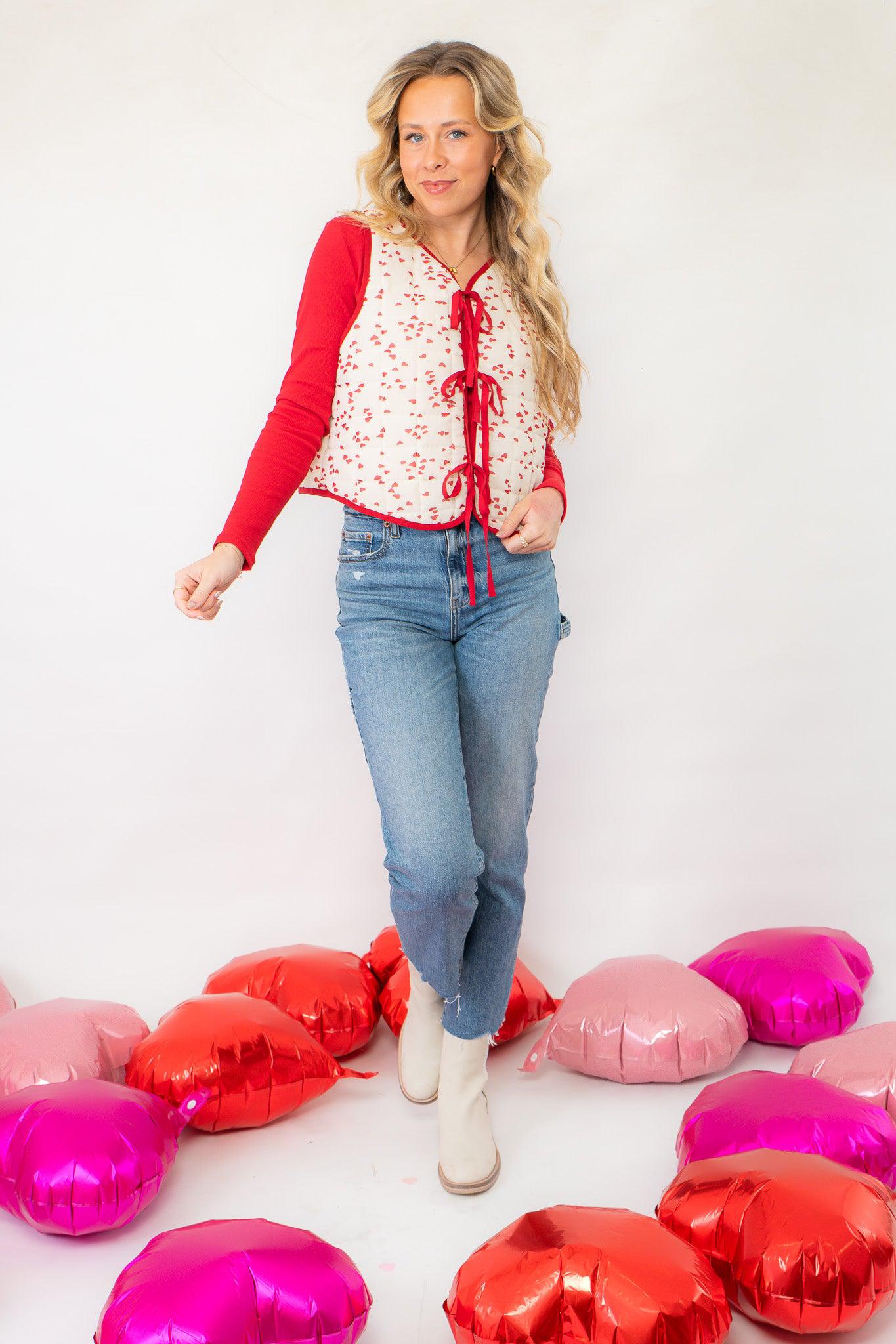 Women&#39;s Heart Print Tie-Front Puffer Vest-Tops-Polagram-L. Mae Boutique &amp; Wild Mabel Clothing